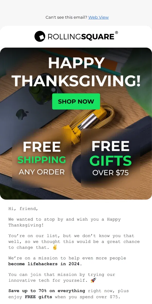 Email from Rolling Square. Save up to 70% this Thanksgiving! 🙏