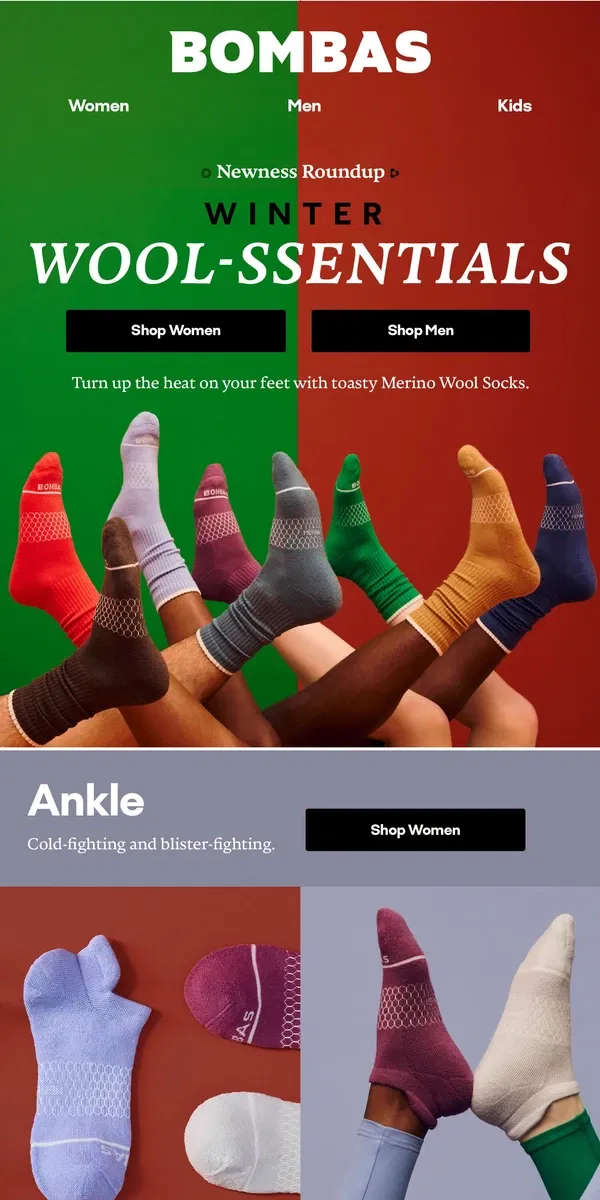 Email from Bombas. New Wool Socks for Cold Weather 🥶