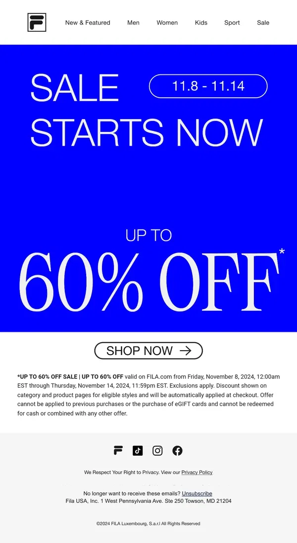 Email from FILA. Sale Starts Now.