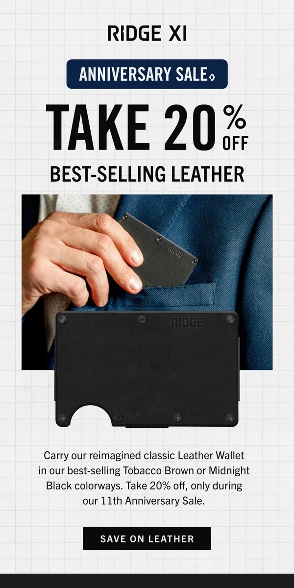 Email from The Ridge. Best Selling Leather: 20% Off