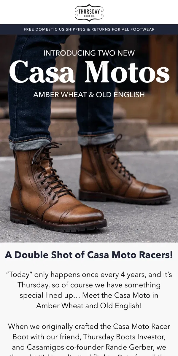 Email from Thursday Boot Company. New Casa Moto Racer Boots!