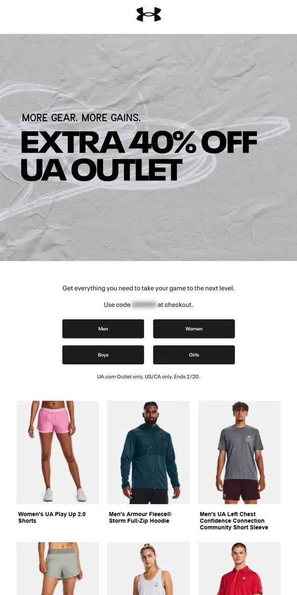 Email from Under Armour. Extra 40% off UA Outlet is happening NOW