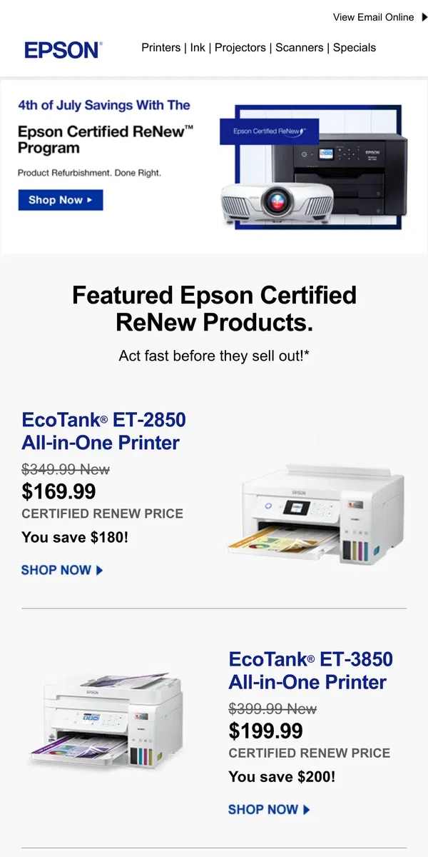 Email from Epson. 4th of July Savings!