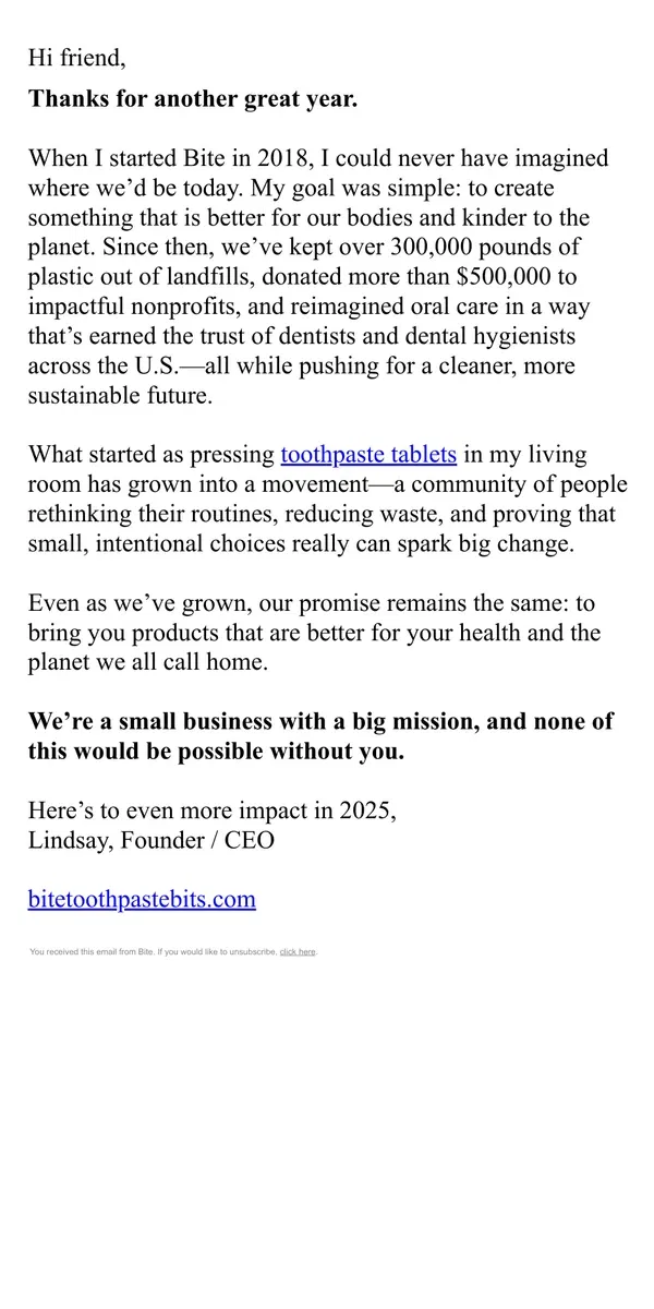 Email from Bite Toothpaste Bits. Thanks for another great year.