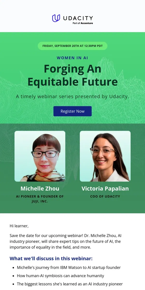 Email from Udacity. [Webinar] Women in AI: Forging An Equitable Future