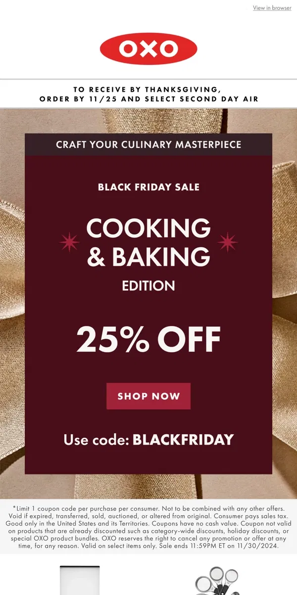 Email from OXO. 25% off cooking and baking