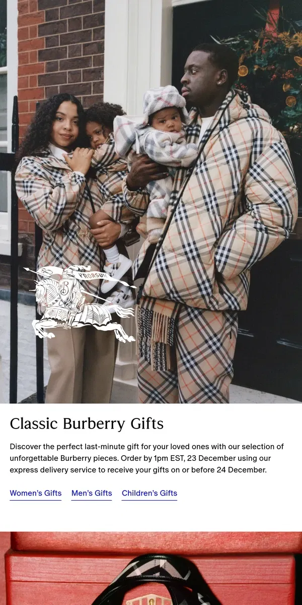 Email from Burberry. Last chance to shop festive gifts online