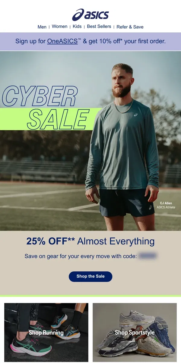 Email from ASICS. Tick, tock! Shop the Cyber Sale before it’s over.