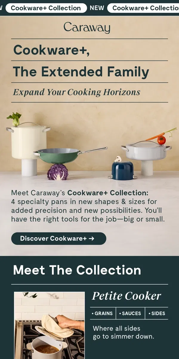 Email from Caraway. Cooking Elevated: Introducing Cookware+