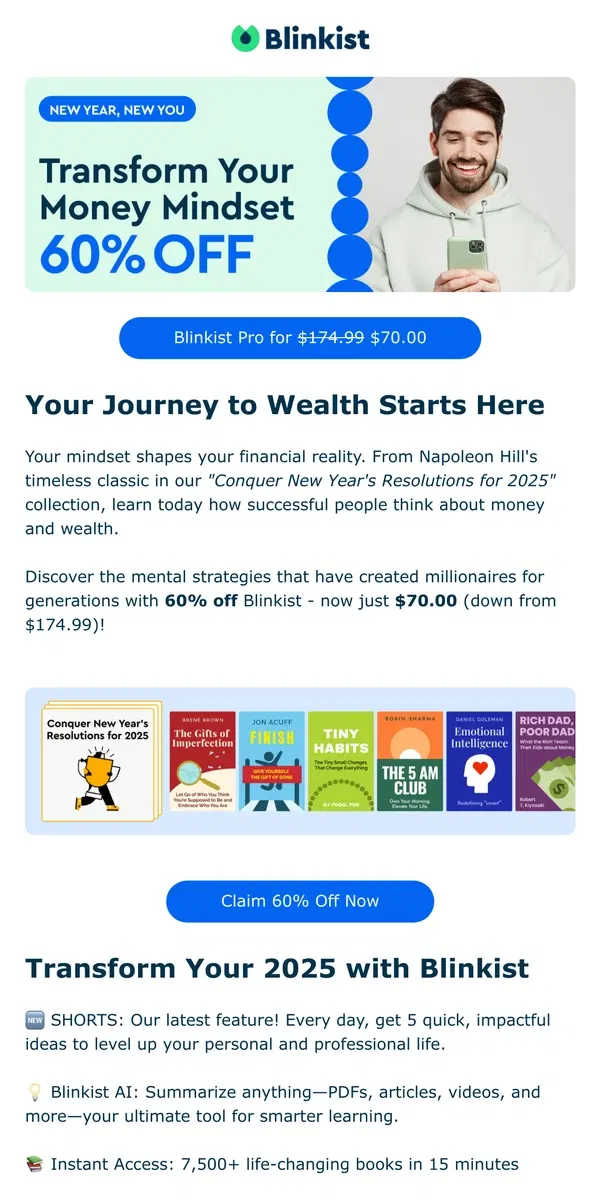 Email from Blinkist. 60% Off Blinkist: Think Like a Millionaire in 2025