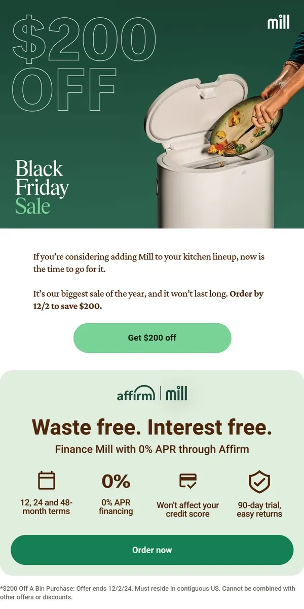 Email from Mill. Black Friday Sale starts now