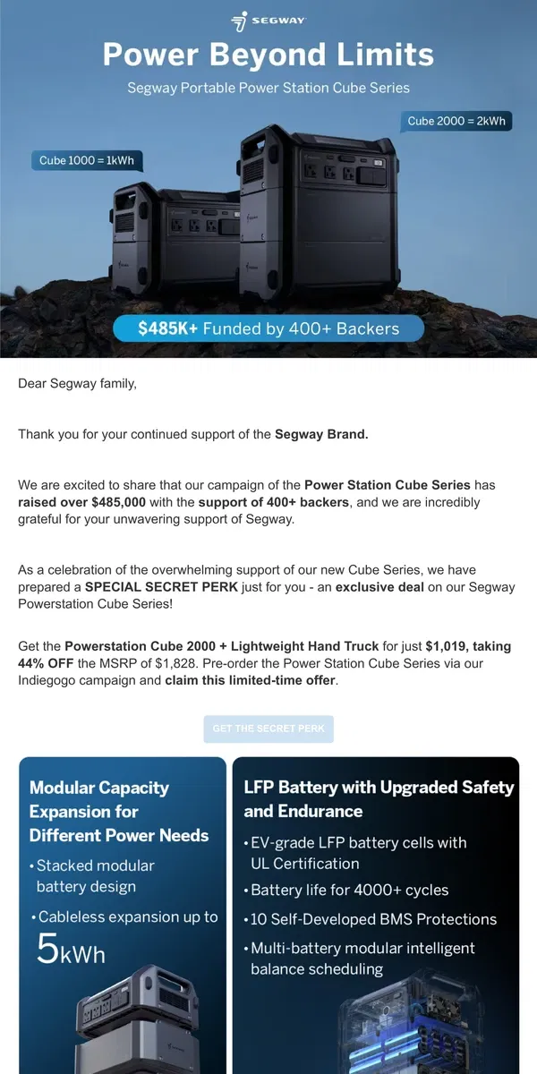 Email from Segway. Exclusive Secret Perk for Segway Power Station Cube Series!