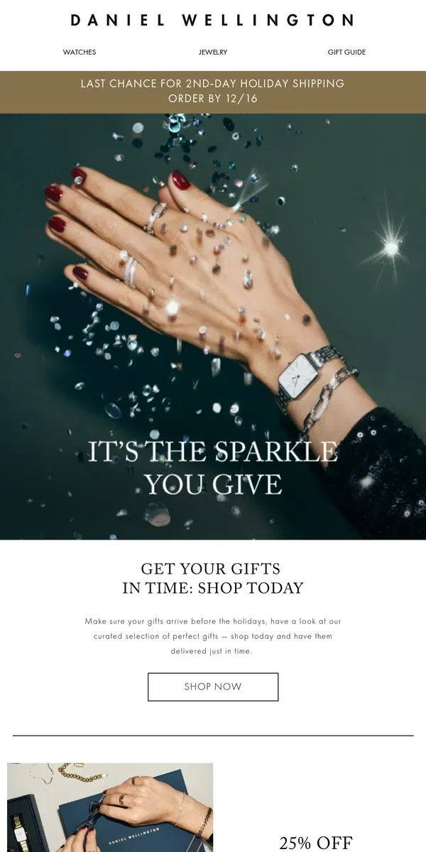 Email from Daniel Wellington. Last Chance For Holiday Shipping + 25% OFF!