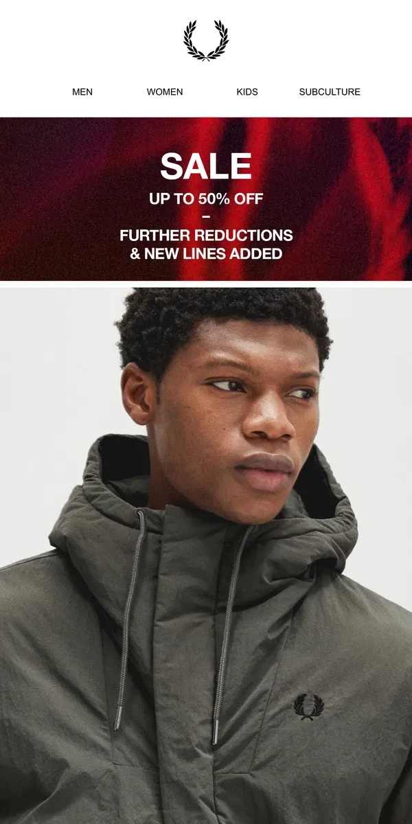 Email from Fred Perry. New Lines Added: Outerwear Up To 50% Off