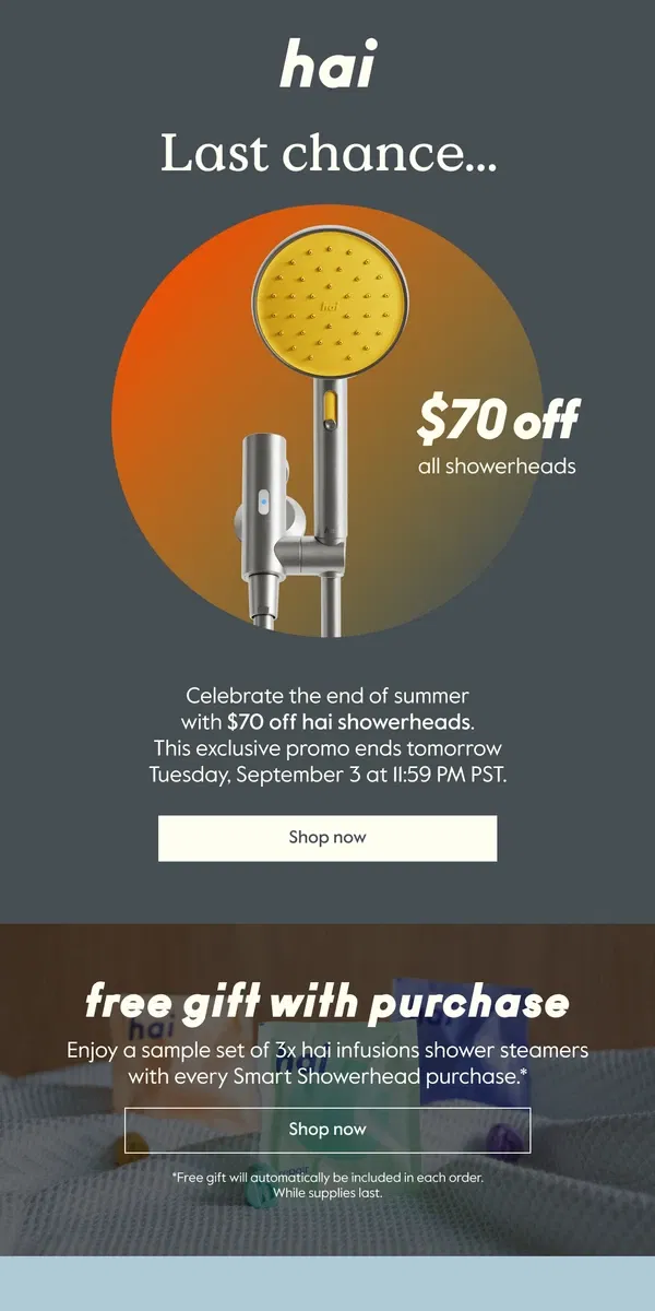 Email from hai. LAST CHANCE 📣 get $70 off showerheads