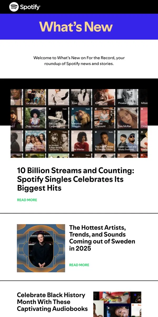 Email from Spotify. Spotify Singles Celebrates Its Biggest Hits With 10 Billion Streams and Counting