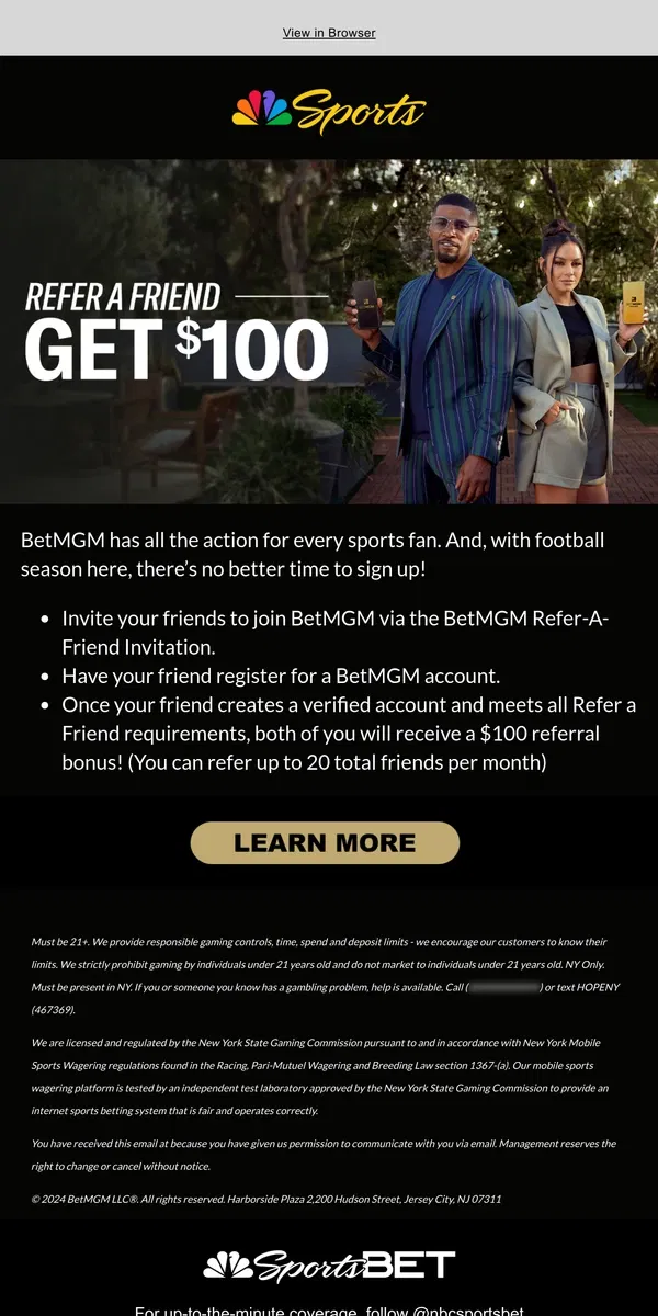 Email from NBC Sports. Get $100 Referral Bonus with BetMGM