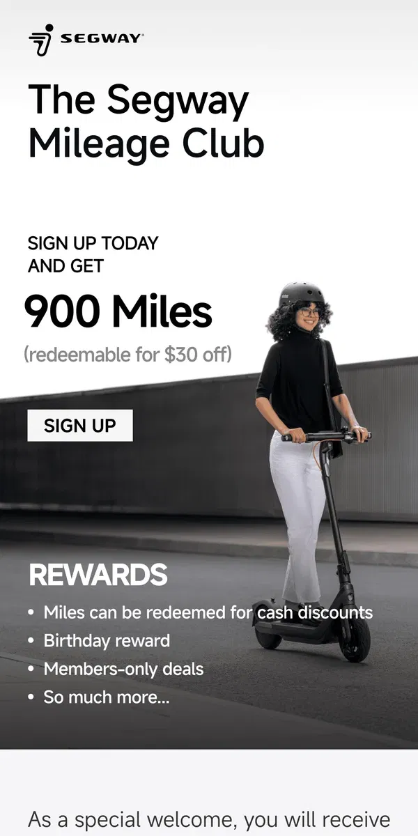 Email from Segway. Join the Segway Mileage Club Today and Get 900 Miles!