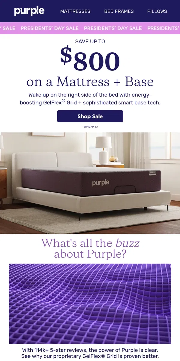 Email from Purple. Dream Come True: Save up to $800 on a Mattress + Base