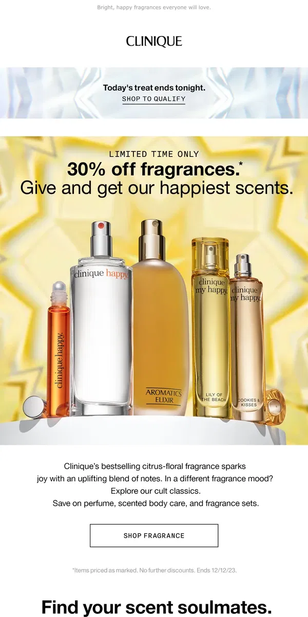 Email from Clinique. FRAGRANCE GIFTS ✨Save 30% for a limited time.