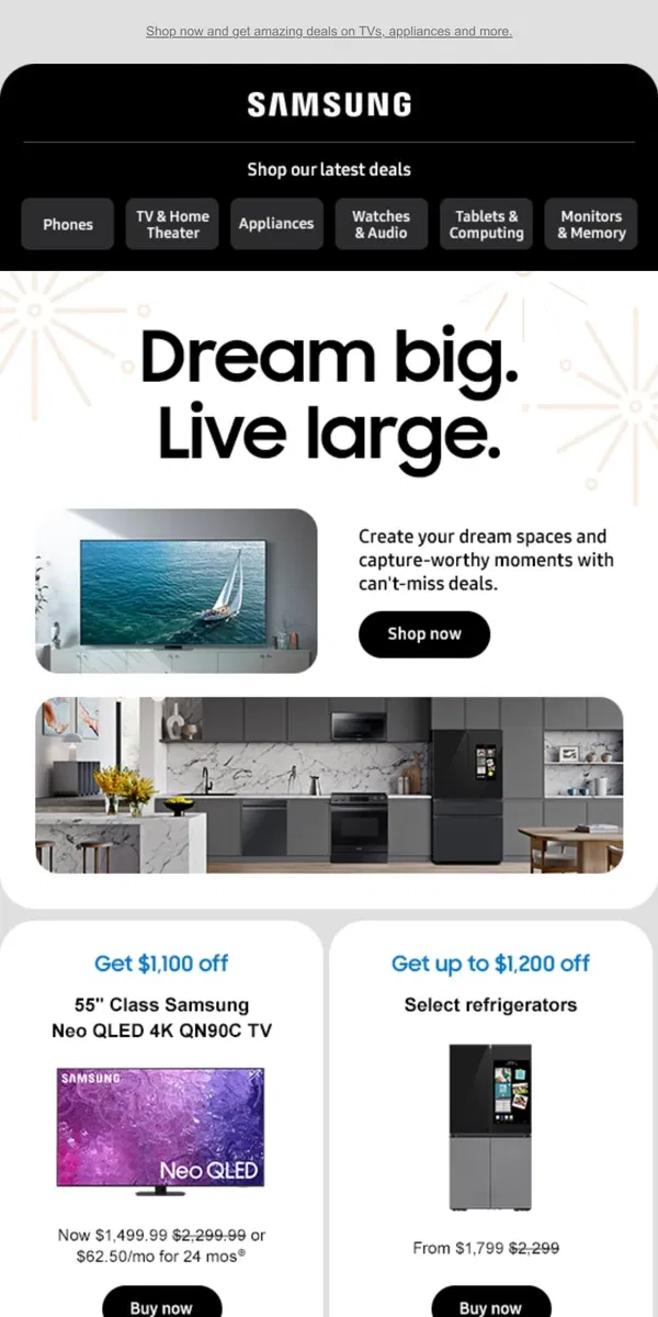 Email from Samsung. [Name], save up to $2,500 and kick off the new year with new tech.