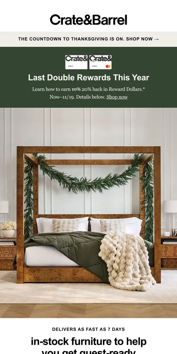 Email from Crate & Barrel. Guests on their way? This furniture arrives first →