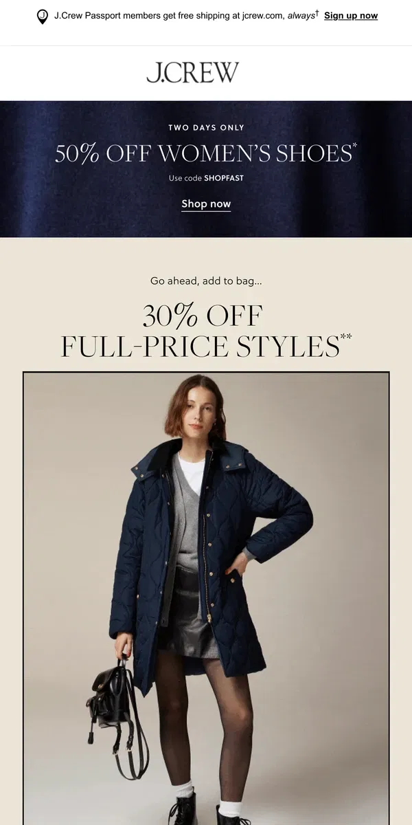 Email from J.Crew. Last chance! 30% off full-price styles ends tonight.