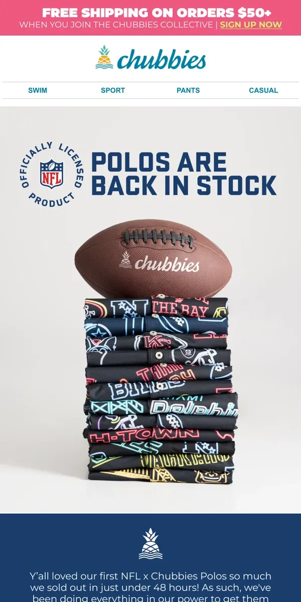 Email from Chubbies Shorts. NFL POLOS ARE BACK 🏈