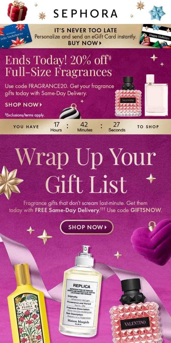 Email from Sephora. Last chance for *free* Same-Day Delivery!