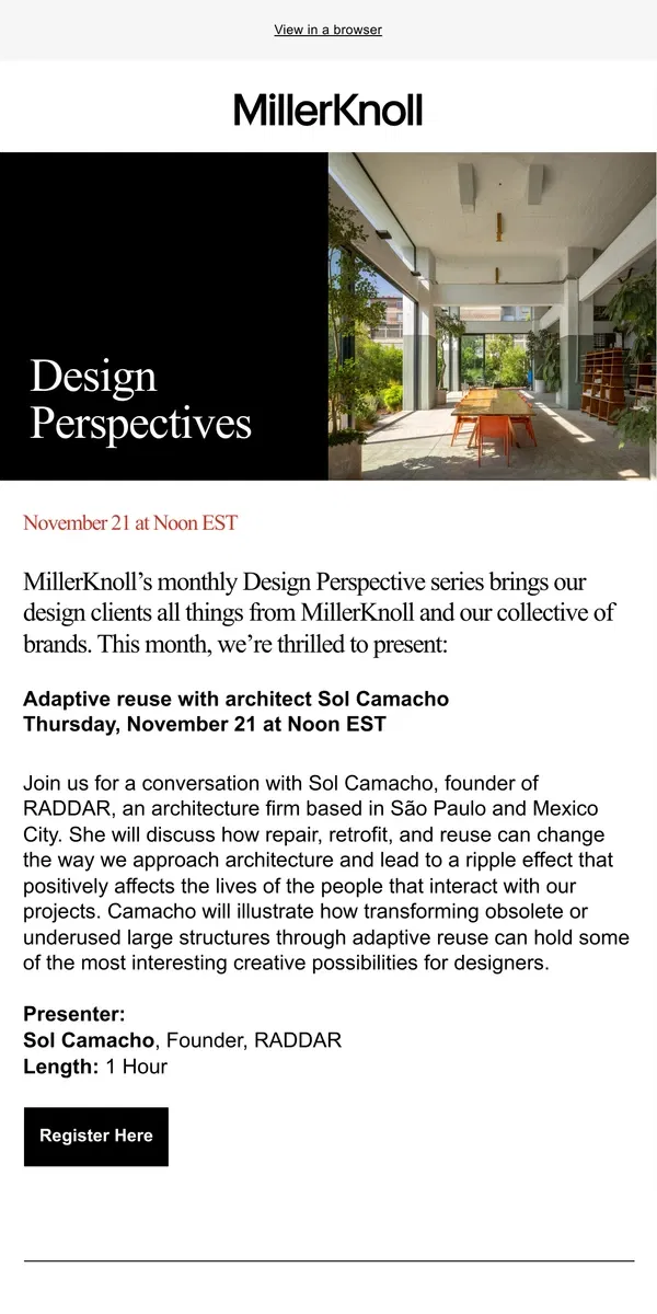 Email from Herman Miller. Join Us on November 21 for MillerKnoll’s Design Perspectives Series