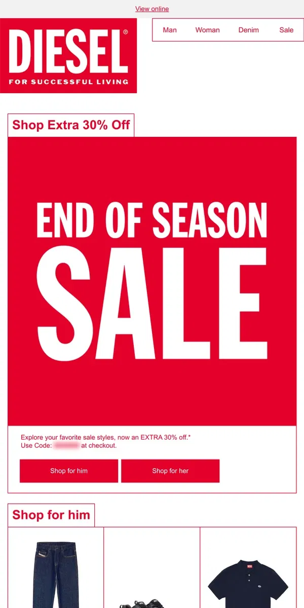 Email from Diesel. Limited Time Only: Extra 30% Off