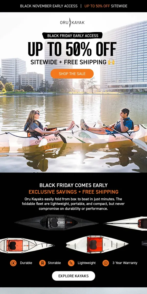 Email from Oru Kayak. Black November is Heating Up: Free Shipping Starts Now 🔥