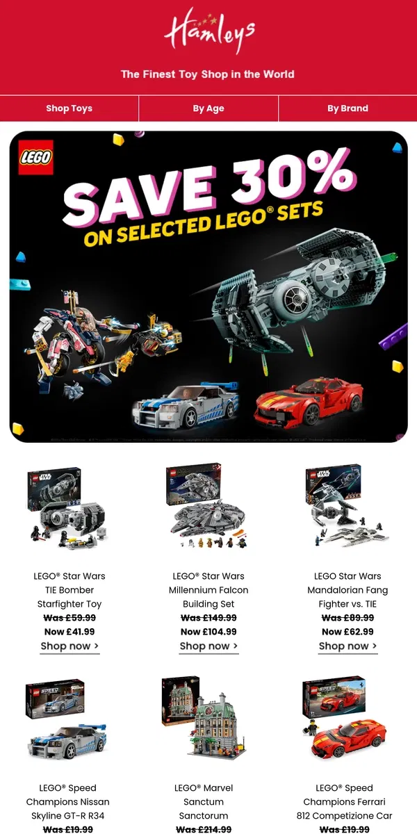 Email from Hamleys. Hurry! 30% Off selected LEGO Sets! 🚀