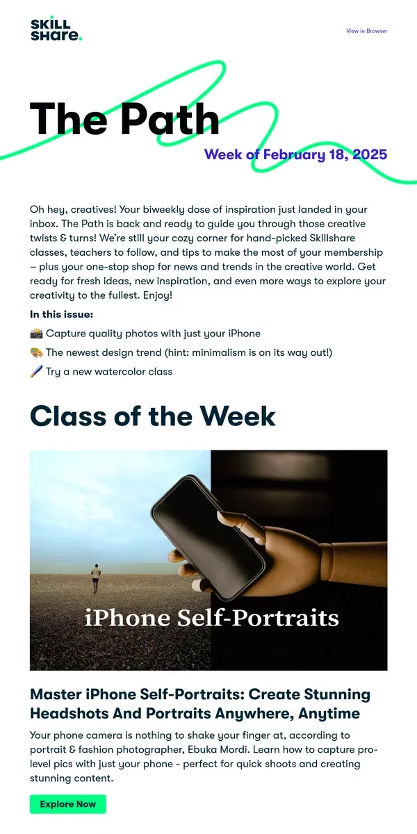 Email from Skillshare. The Path: Issue 036 -  Easy self portraits with your phone, redefining creative success, & watercolors with Hélène