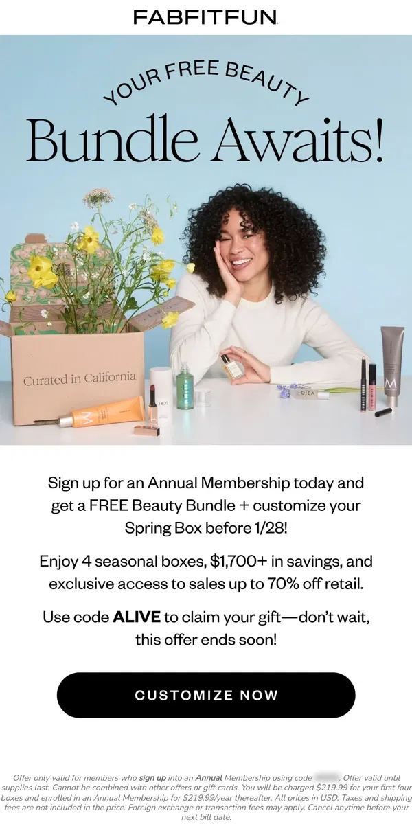 Email from FabFitFun. Embrace Spring: FREE Beauty Bundle + Customize Now!