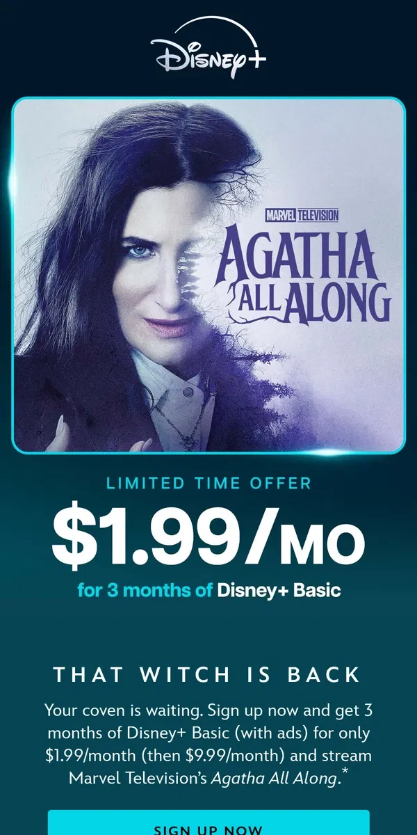 Email from Disney Plus. 3 months of Disney+ Basic for only $1.99/mo