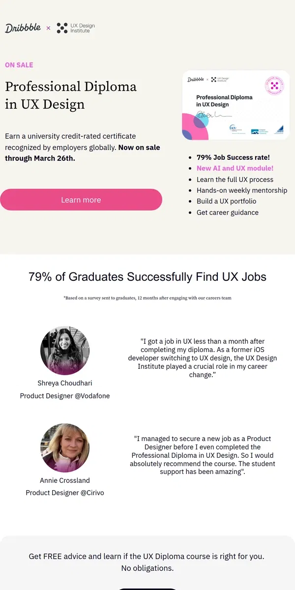 Email from Dribbble. 🎓 UX Diploma with new AI module now on sale through March 26th