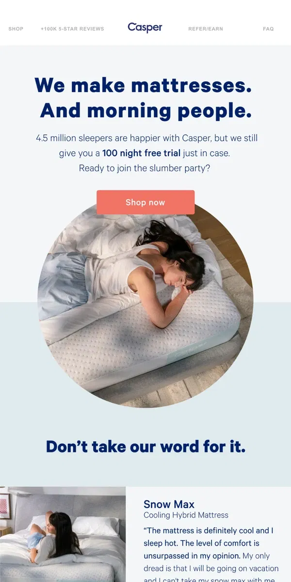 Email from Casper. 9 in 10 customers sleep better on Casper.