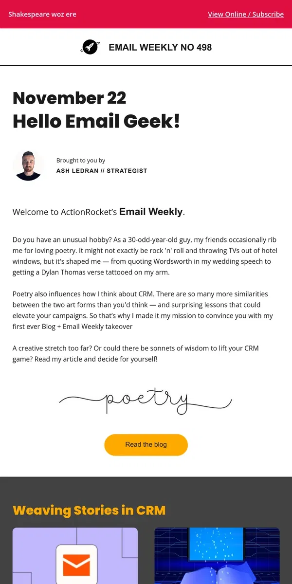 Email from ActionRocket. EmailWeekly #498: Can CRM be poetic?