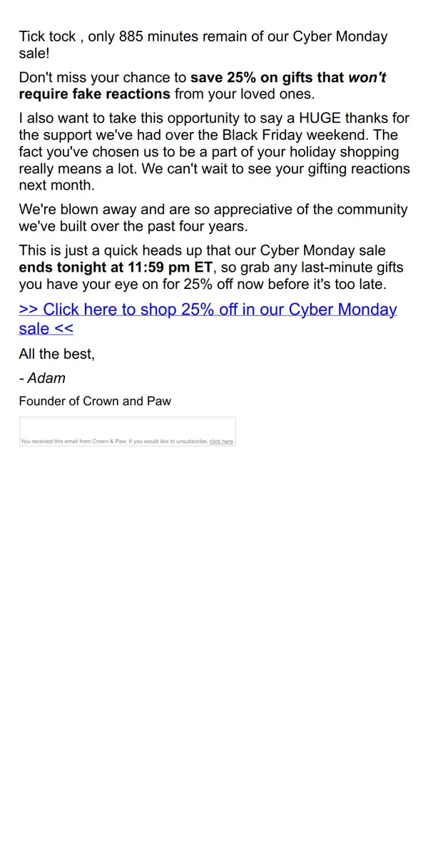 Email from Crown & Paw. Cyber Monday Sale: ENDS TONIGHT ⏰