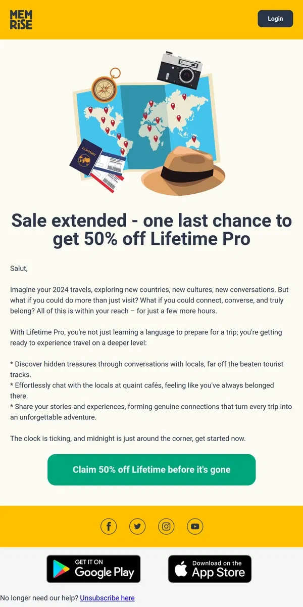 Email from Memrise. Sale extended - one last chance to get 50% off Lifetime Pro