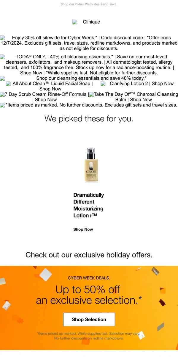 Email from Clinique. TODAY ONLY 💦 40% off cleansing essentials. 