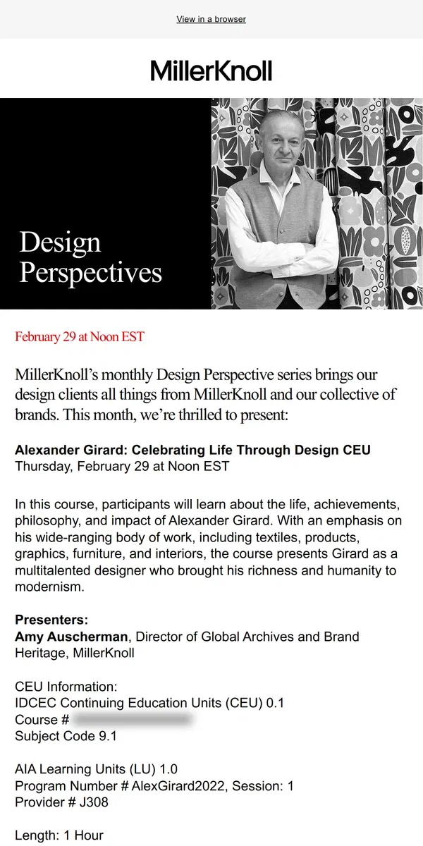 Email from Herman Miller. Join Us on February 29 for MillerKnoll’s Design Perspectives Series