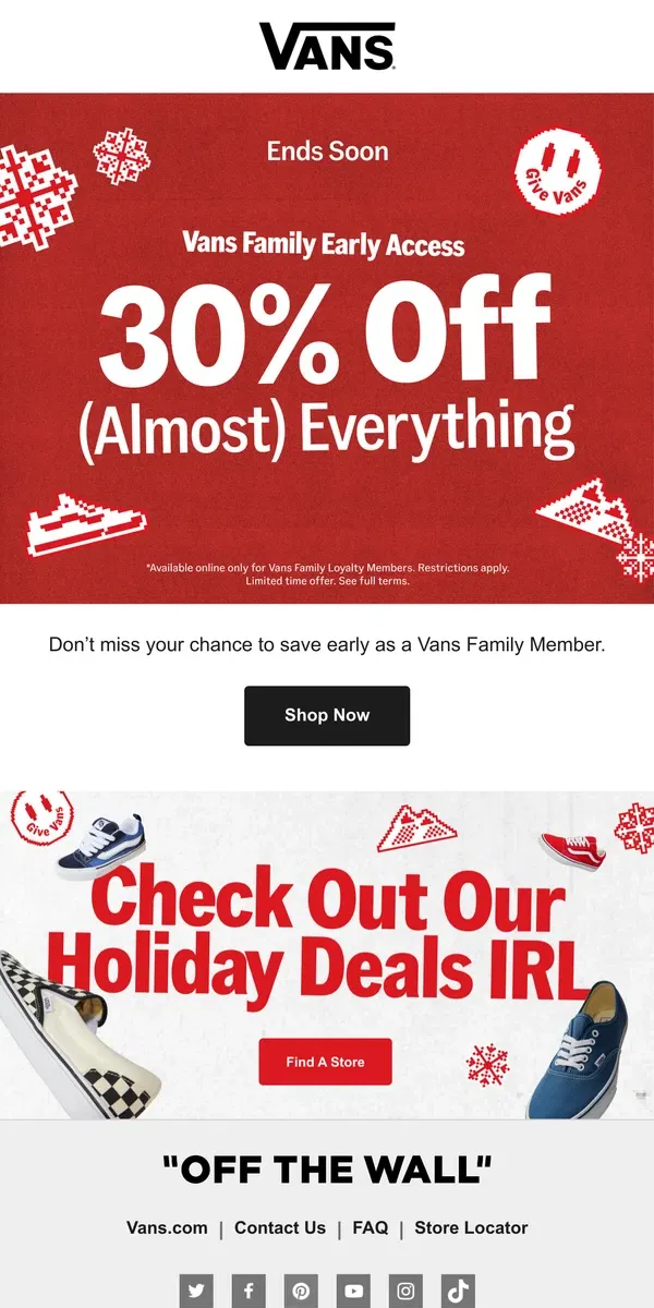 Email from Vans. FINAL HOURS 🚨 30% Off (Almost) Everything + 40% Off Sale