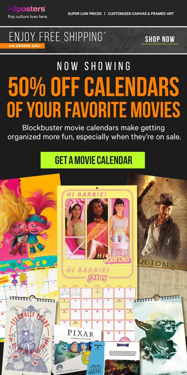 Email from AllPosters. Now showing: Blockbuster movie calendars