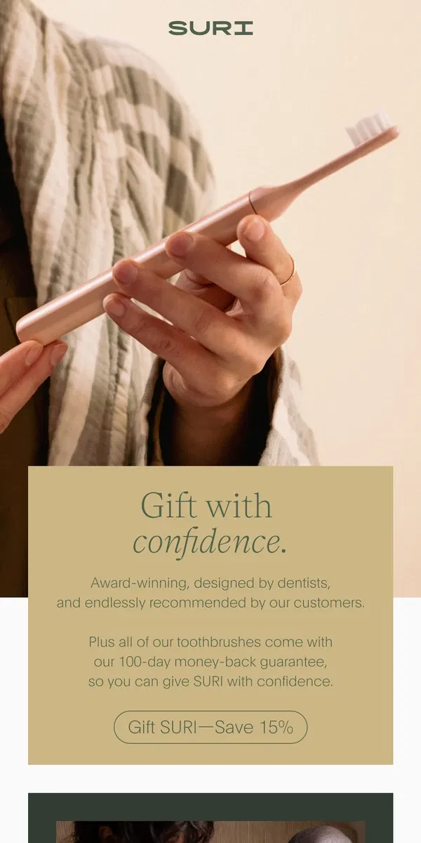 Email from SURI. Save 15%. Gift with confidence 🎁