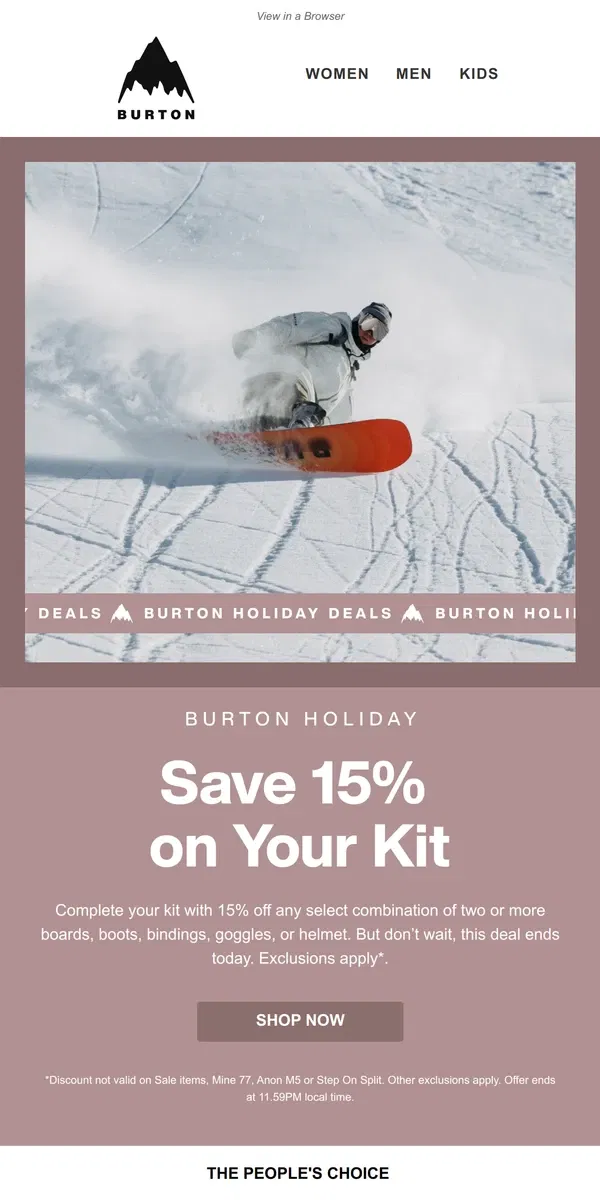 Email from Burton. Build Your Dream Kit for 15% Off