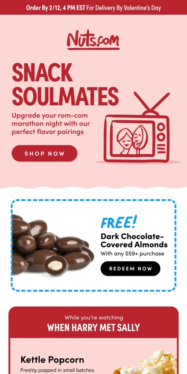 Email from Nuts.com. Snack Soulmates for Rom-Com Nights ❤️