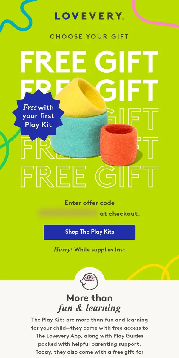 Email from Lovevery. Free Lovevery gift with your first Play Kit