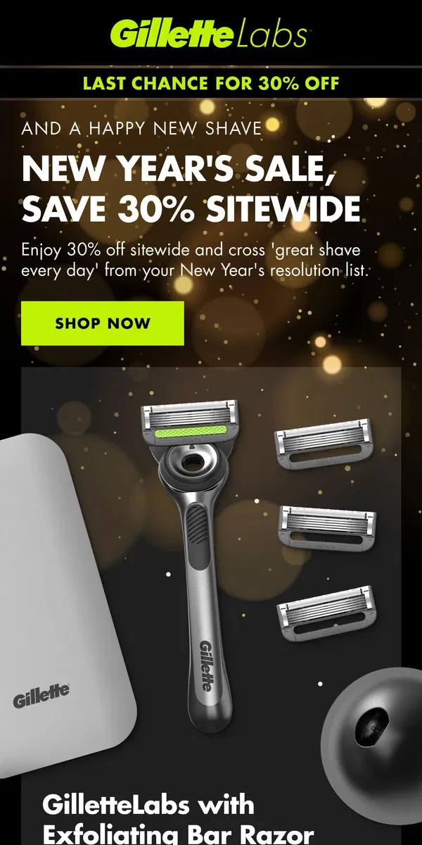 Email from Gillette. New Year's Sale Ending | Get 30% off sitewide